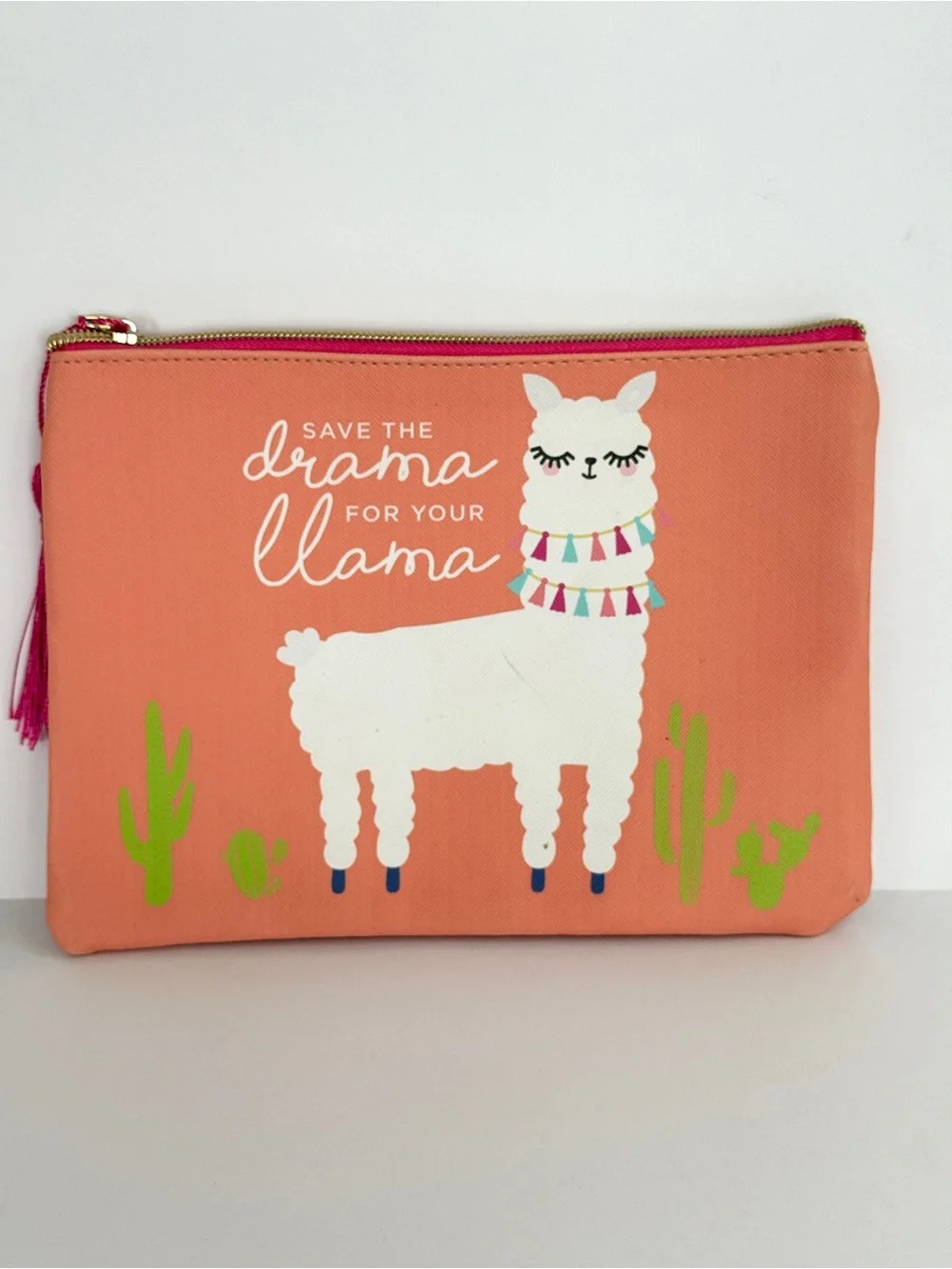 Save The Drama For Your Llama Coral Canvas & Teal Makeup Bags